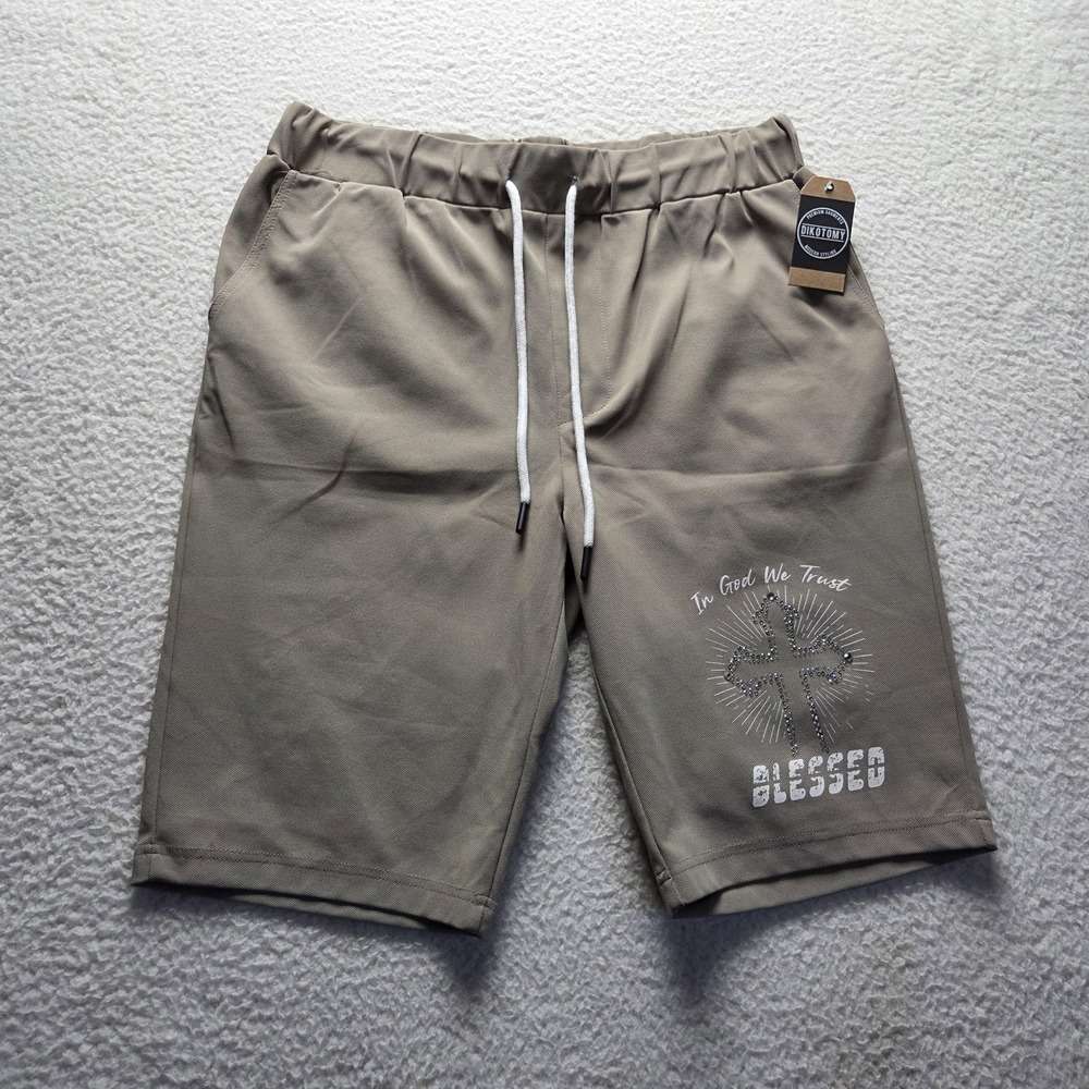 Dikotomy Shorts Mens Large Beige Sweat Elastic Waist Blessed Cross Rhinestone